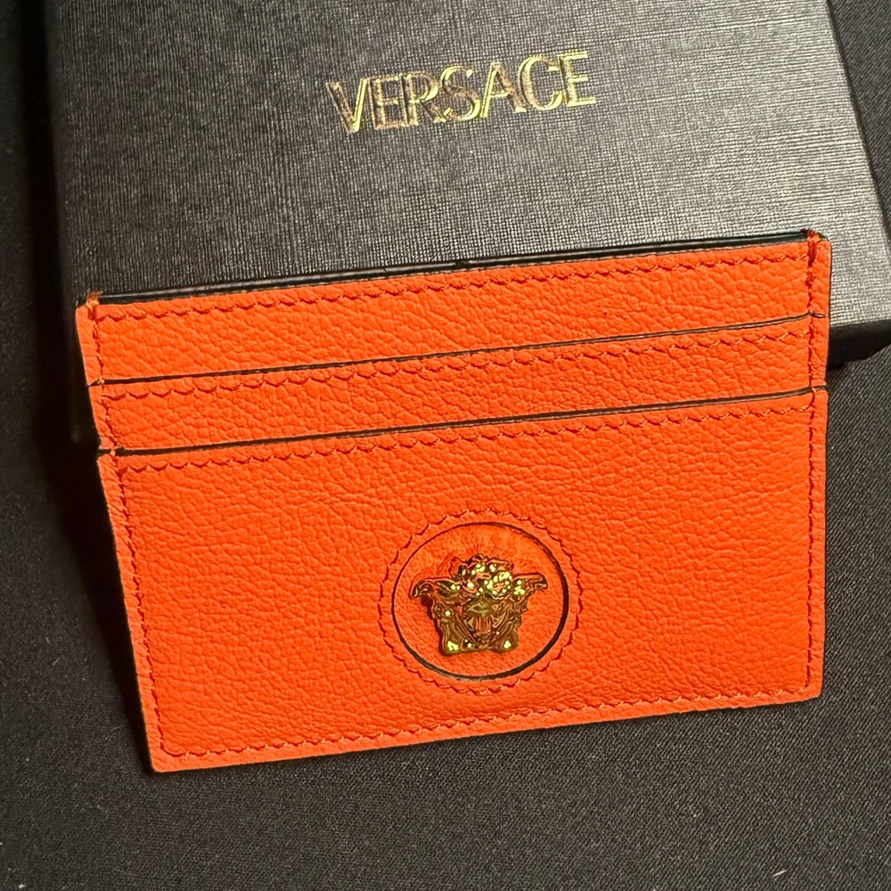 Versace Vibrant Orange Card Holder with Gold Medusa - Picture 2 of 5